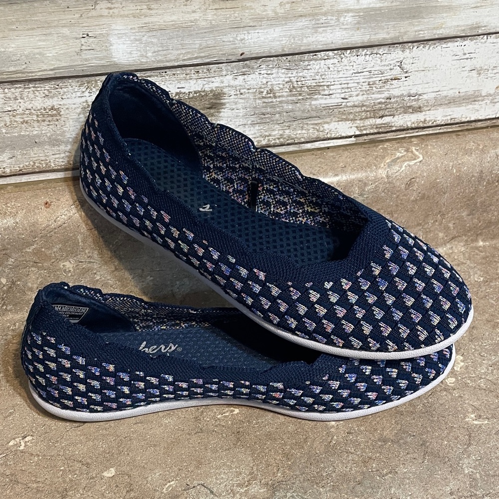 Skechers  Size 7.5 Navy Knit Ballet Flats with Pink and Cream Accents